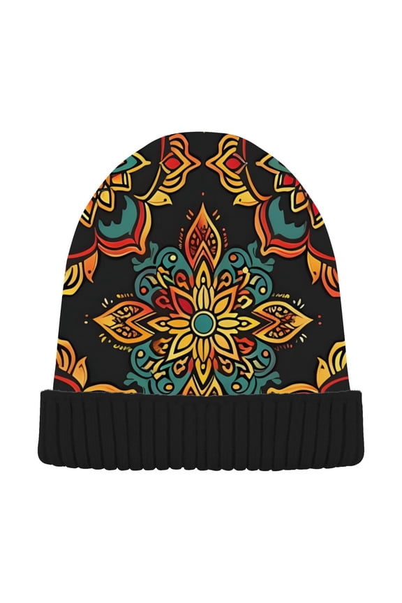 Bohemian Flower Mandala Beanie Hats Men Women Cuffed Skull Cap Winter Warm Knit Thick Beanies