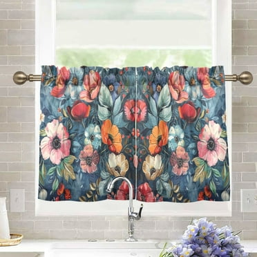 joogoo Boho Floral Curtains Sets Half Window Cafe Farmhouse Tier 2 Panels Short Curtain Rod Pocket 27"W x 36"L