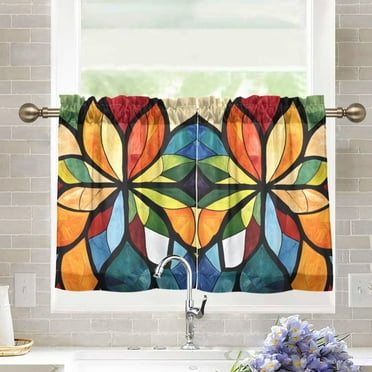 joogoo Boho Flower Style Curtains Sets Half Window Cafe Farmhouse Tier 2 Panels Short Curtain Rod Pocket 27"W x 24"L