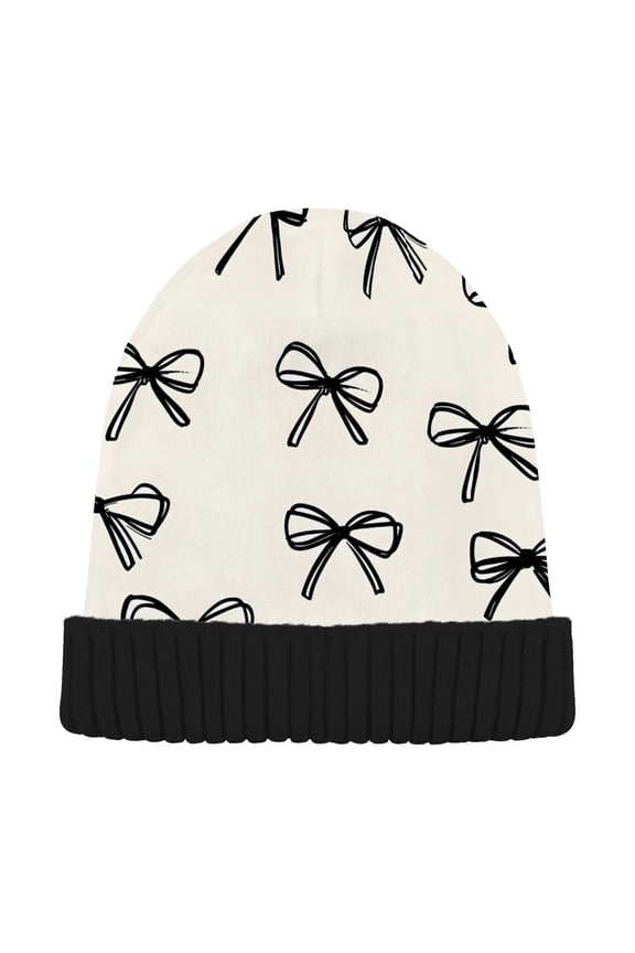 Bows Beige Beanie Hats Cuffed Winter Warm Knit Thick Beanies