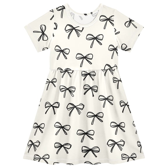 joogoo Bows Beige Girls' Short Sleeve Dress Kids Dresses 5-6T