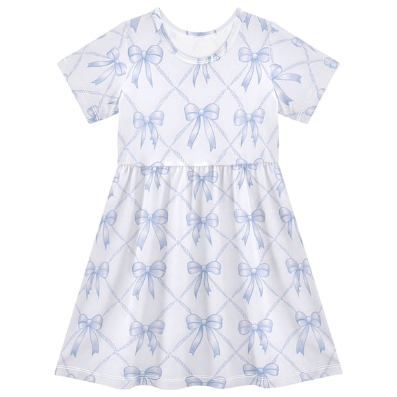 joogoo Bows Checkered Blue Girls' Short Sleeve Dress Kids Dresses 5-6T