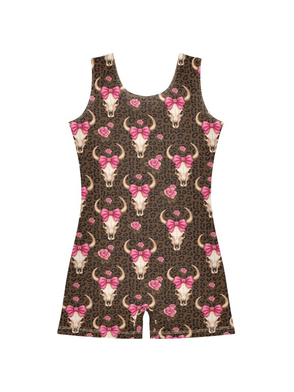 Bows Cow Skull Leopard Pattern Girls Leotards Gymnastics Tumbling Outfit Biketard Unitard 5-6Years