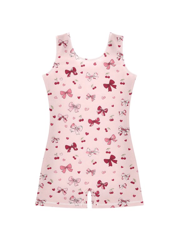 Bows Hearts Cherry Pattern Girls Leotards Gymnastics Tumbling Outfit Biketard Unitard 9-10Years