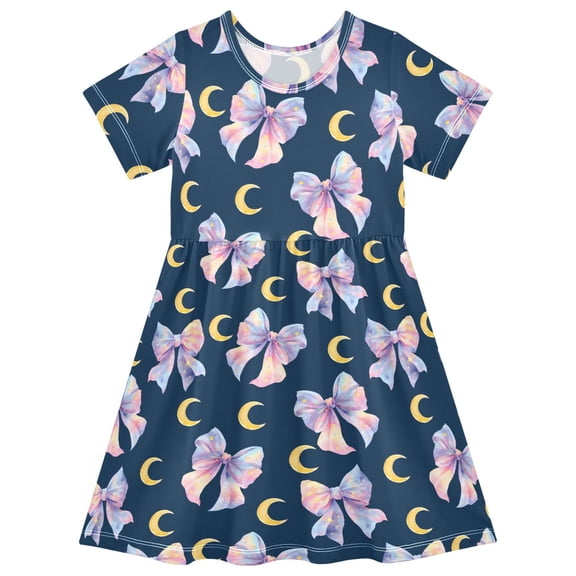 joogoo Bows Moons Girls' Short Sleeve Dress Kids Dresses 5-6T