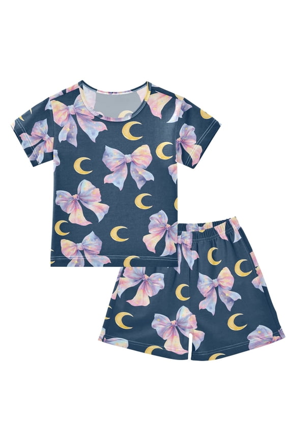 Bows Moons Pattern Pajama Sets Short Sleeve Cotton 2-Piece Sleepwear 12Y