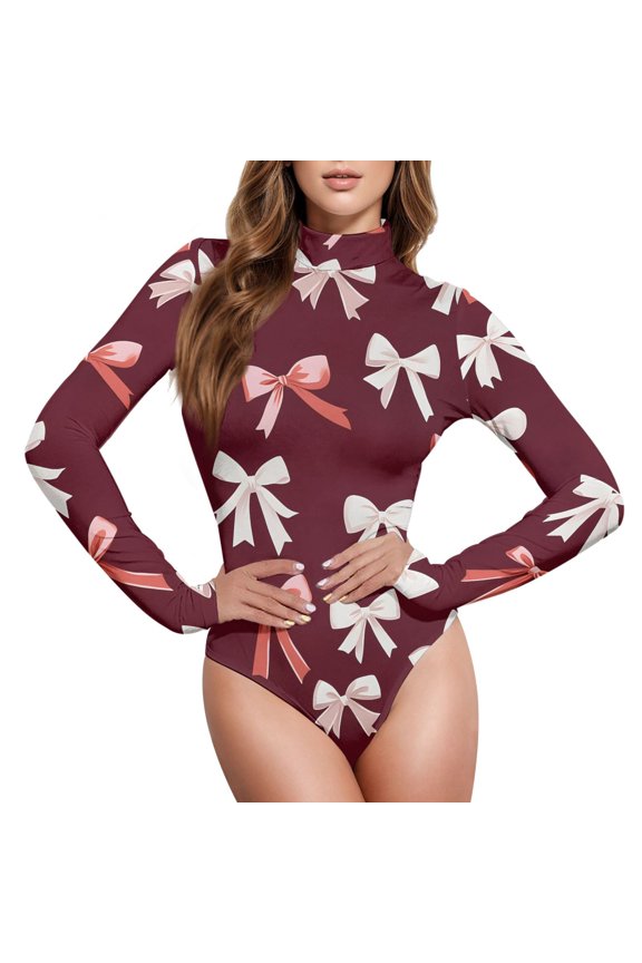 Bows Pattern Women's Mock Turtle Neck Long Sleeve Bodysuit M
