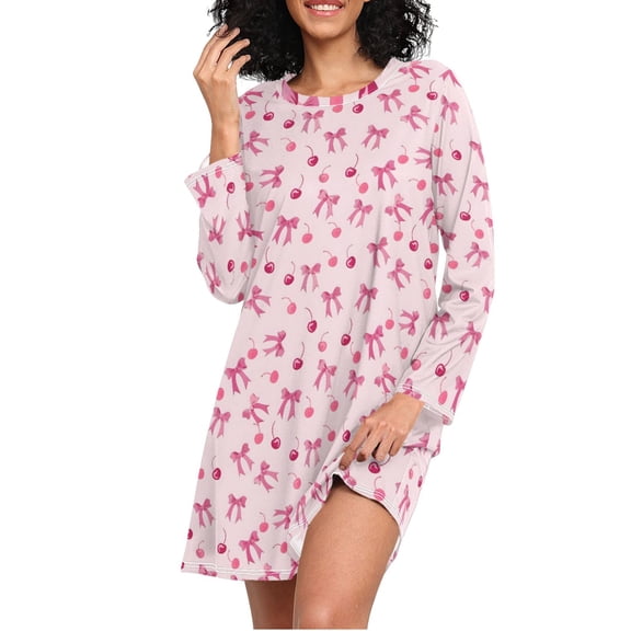 joogoo Bows and Cherry Women's Long Sleeve Nightgown Sleepwear L