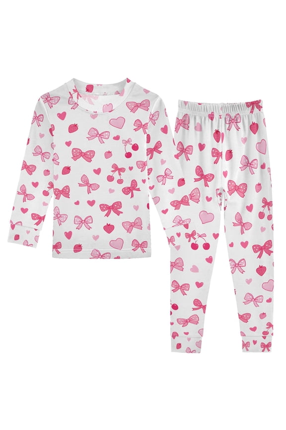 Bows and Strawberry 2 Piece Long Sleeve Tee and Pants Cotton Pajama Set 6Y