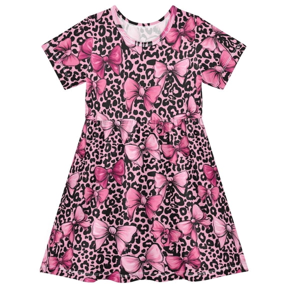 joogoo Bows on Leopard Girls' Short Sleeve Dress Kids Dresses 5-6T