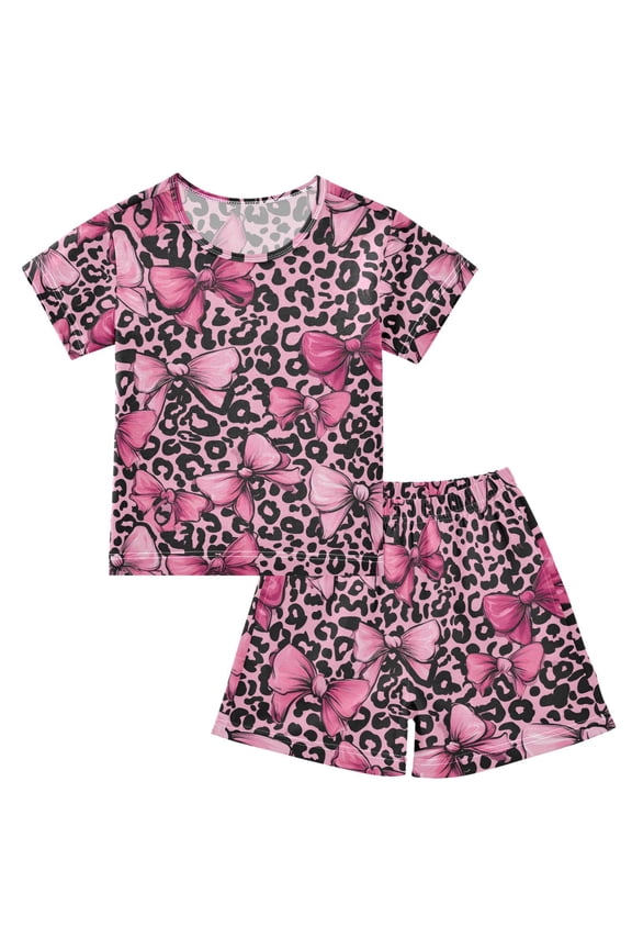 Bows on Leopard Pajama Sets Short Sleeve Cotton 2-Piece Sleepwear 10Y