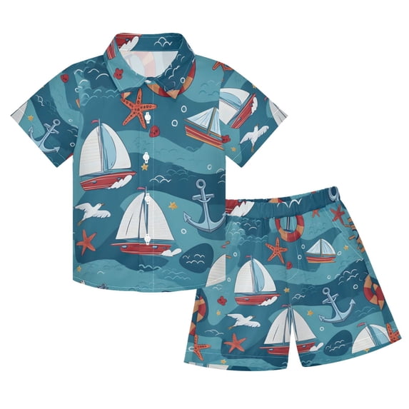 joogoo Boy Shorts Set Anchor Sailboat Starfish 2 Piece Short Sleeve Button Down Hawaiian Shirt Shorts 5-6T
