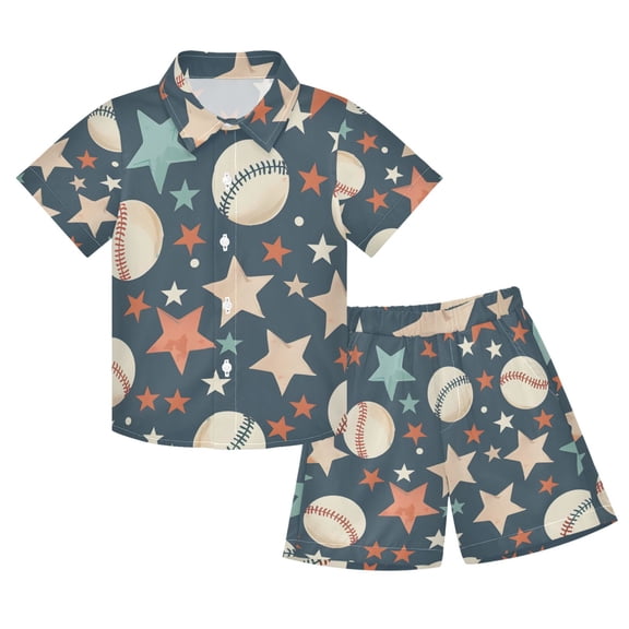 joogoo Boy Shorts Set Baseball Cartoon Stars 2 Piece Short Sleeve Button Down Hawaiian Shirt Shorts 9-10Y