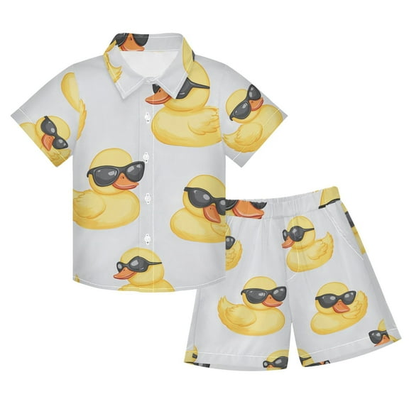 joogoo Boy Shorts Set Cute Duck with Sunglasses 2 Piece Short Sleeve Button Down Hawaiian Shirt Shorts 5-6T