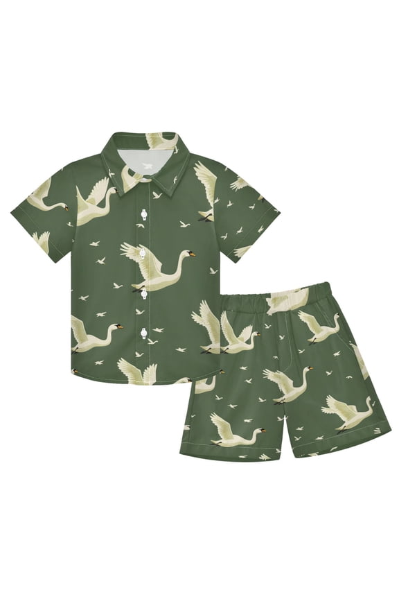 Boy Shorts Set Flying Swans Green 2 Piece Short Sleeve Button Down Hawaiian Shirt Shorts 9-10Y
