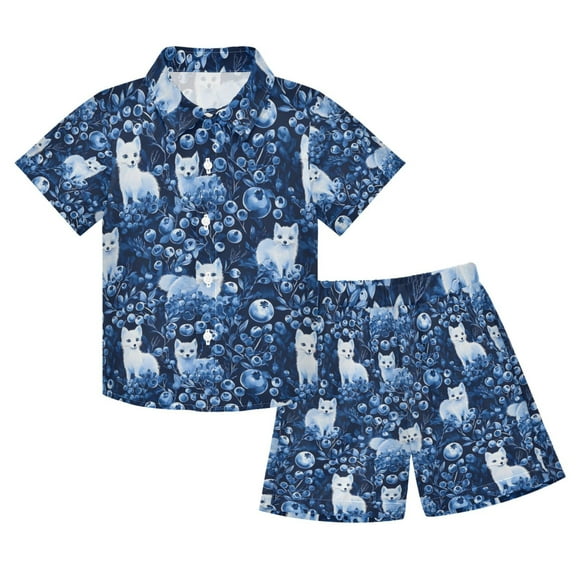 joogoo Boy Shorts Set Fox in Blueberries 2 Piece Short Sleeve Button Down Hawaiian Shirt Shorts 5-6T