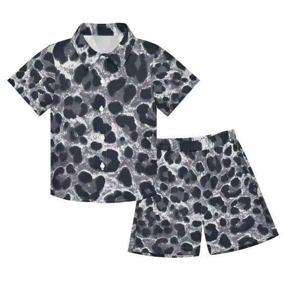 joogoo Boy Shorts Set Grey Leopard Print 2 Piece Short Sleeve Button Down Hawaiian Shirt Shorts 7-8Y