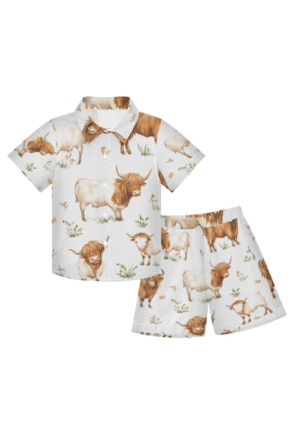 Boy Shorts Set Highland Cattle Flower-w2 2 Piece Short Sleeve Button Down Hawaiian Shirt Shorts 5-6T