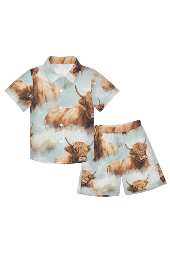 Boy Shorts Set Highland Cattle Flower-w7 2 Piece Short Sleeve Button Down Hawaiian Shirt Shorts 3T
