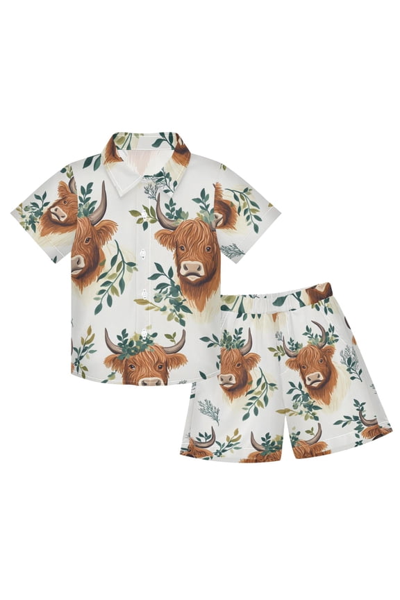 Boy Shorts Set Highland Cattle Leaves-h1 2 Piece Short Sleeve Button Down Hawaiian Shirt Shorts 5-6T