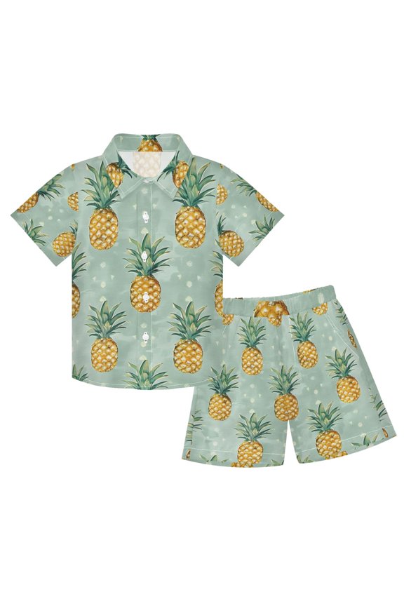 Boy Shorts Set Pineapples Summer 2 Piece Short Sleeve Button Down Hawaiian Shirt Shorts 9-10Y