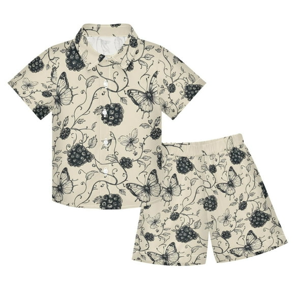 joogoo Boy Shorts Set Retro Butterfly Grapes 2 Piece Short Sleeve Button Down Hawaiian Shirt Shorts 5-6T
