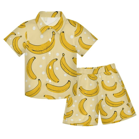 joogoo Boy Shorts Set Yellow Bananas White Dots Pattern 2 Piece Short Sleeve Button Down Hawaiian Shirt Shorts 3T
