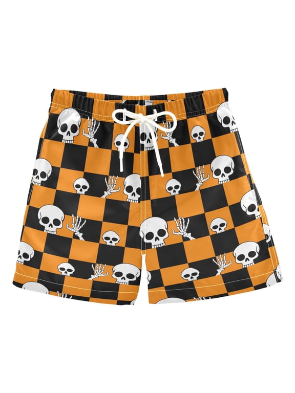 Boy Swim Trunks Halloween Skull Checkered Bathing Beach Board Shorts M