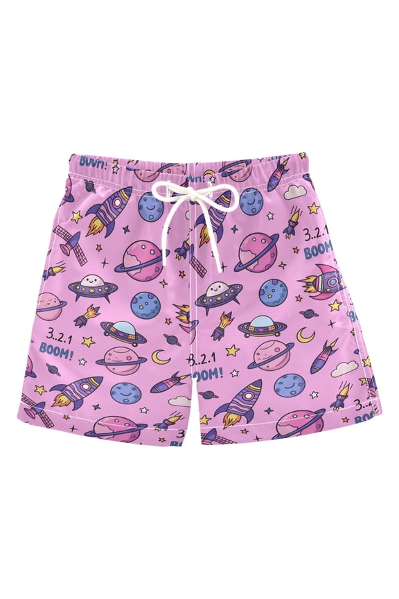 Boy Swim Trunks Space Rocket Planets Bathing Beach Board Shorts S