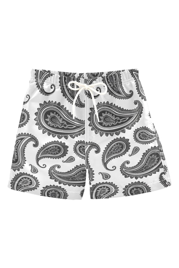 Boys Swim Trunks Black Graffiti Boho Beach Board Shorts Drawstring Swimsuit XS