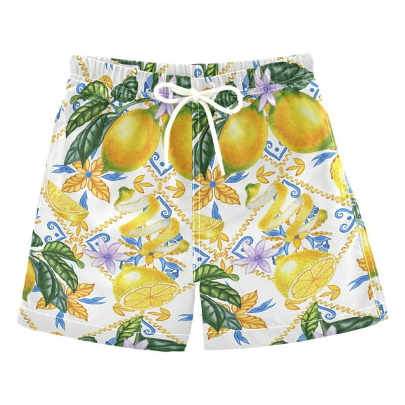 joogoo Boys Swim Trunks Blue Boho and Yellow Lemons Beach Board Shorts Drawstring Swimsuit 2T