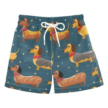 joogoo Boys Swim Trunks Cartoon Dachshund Dogs Beach Board Shorts Drawstring Swimsuit L