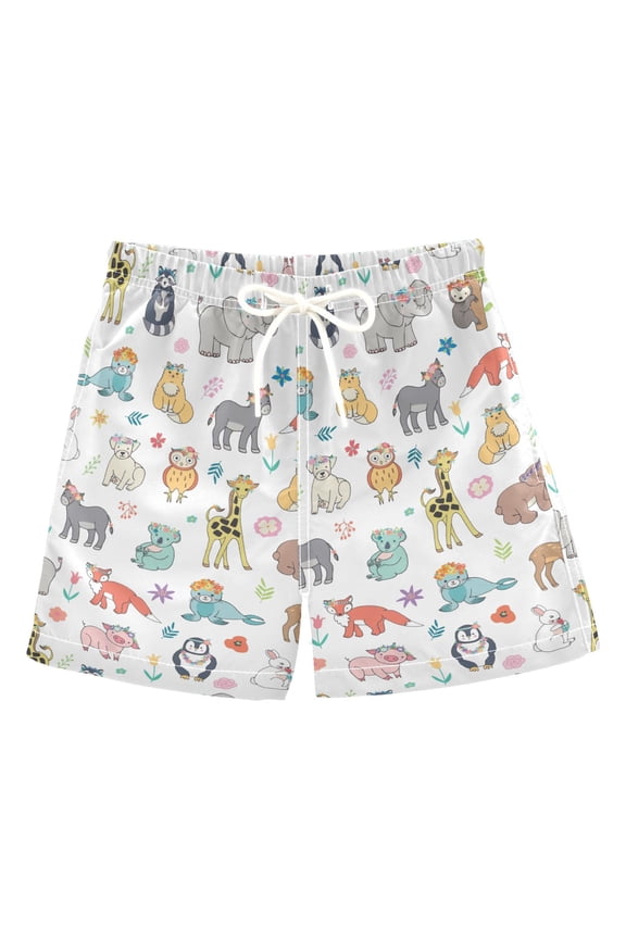 Boys Swim Trunks Cartoon Elephant Bear Giraffe Fox Beach Board Shorts Drawstring Swimsuit 2T