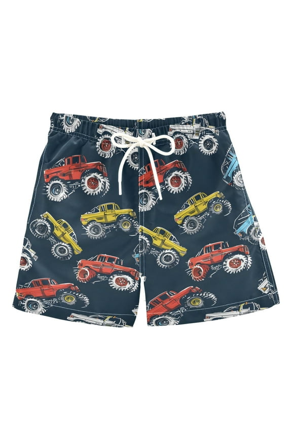 Boys Swim Trunks Cartoon Monster Trucks Comic Beach Board Shorts Drawstring Swimsuit S