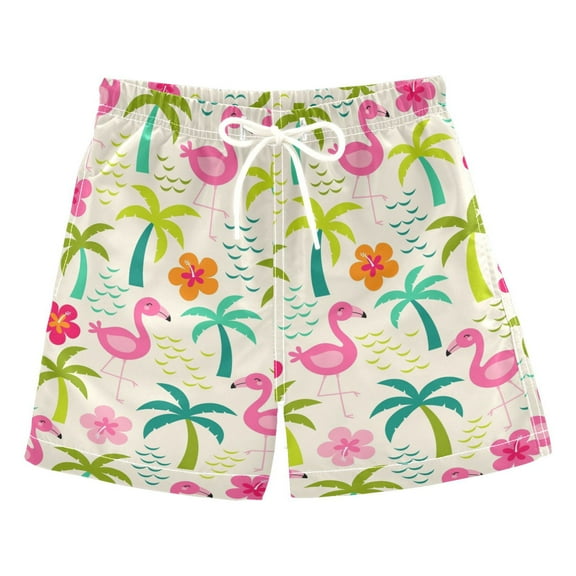 joogoo Boys Swim Trunks Cute Flamingo Palm Tree Beach Board Shorts Drawstring Swimsuit M