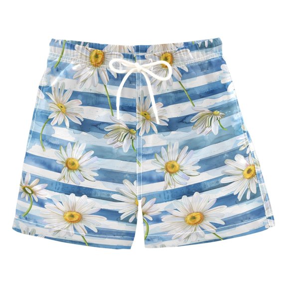 joogoo Boys Swim Trunks Daisy Flower on Blue Stripe Beach Board Shorts Drawstring Swimsuit 3T