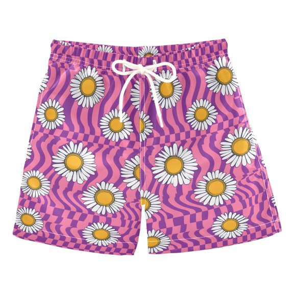 joogoo Boys Swim Trunks Daisy Flowers on Pink Check Beach Board Shorts Drawstring Swimsuit 2T