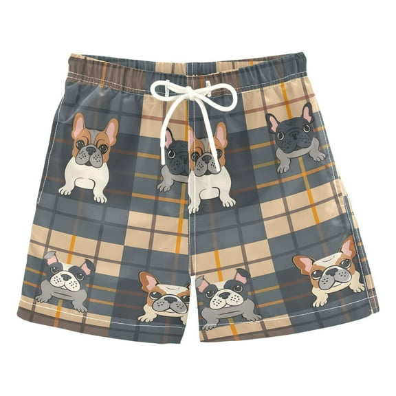 joogoo Boys Swim Trunks Dog on Checkered Pattern Beach Board Shorts Drawstring Swimsuit 2T