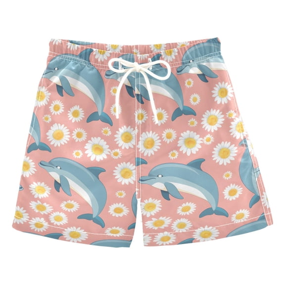 joogoo Boys Swim Trunks Dolphin and Daisy Flower Beach Board Shorts Drawstring Swimsuit 5T