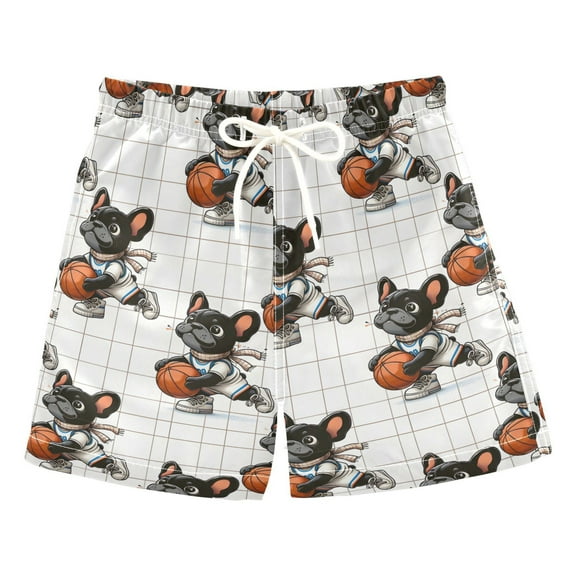 joogoo Boys Swim Trunks French Bulldog with Basketball Beach Board Shorts Drawstring Swimsuit S