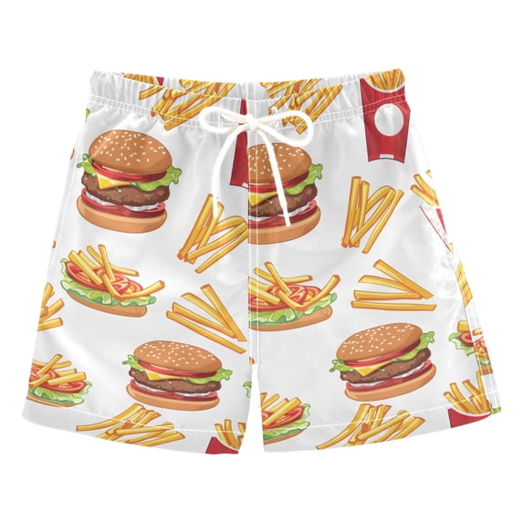 joogoo Boys Swim Trunks French Fries and Hamburger Beach Board Shorts Drawstring Swimsuit M