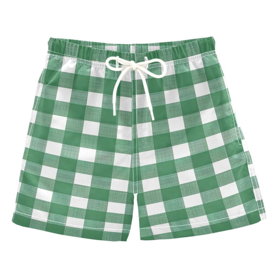 joogoo Boys Swim Trunks Green and White Checkered Pattern Beach Board Shorts Drawstring Swimsuit 2T