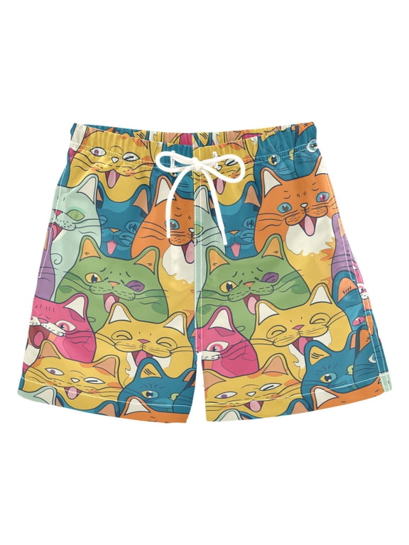 Boys Swim Trunks Happy Cat Faces Beach Board Shorts Drawstring Swimsuit 3T
