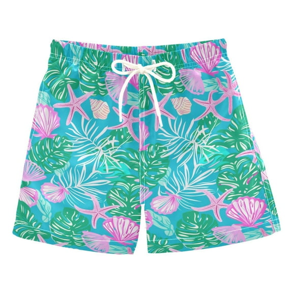 joogoo Boys Swim Trunks Palm Leaves and Shell Beach Board Shorts Drawstring Swimsuit L
