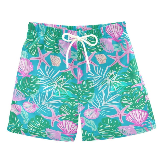 joogoo Boys Swim Trunks Palm Leaves and Shell Beach Board Shorts Drawstring Swimsuit S
