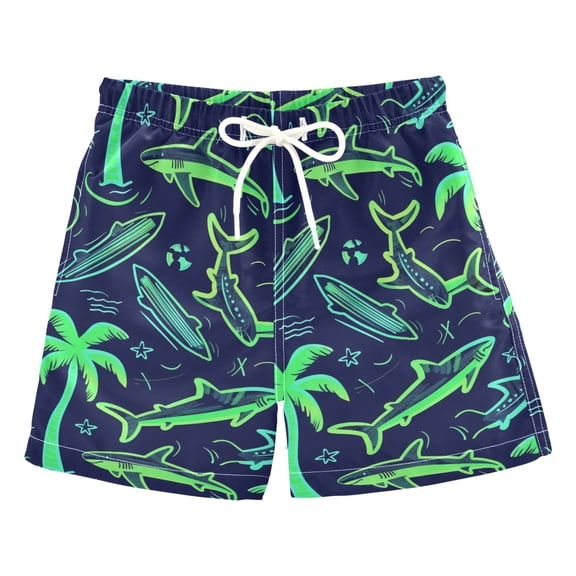 joogoo Boys Swim Trunks Palm Tree and Shark Beach Board Shorts Drawstring Swimsuit S