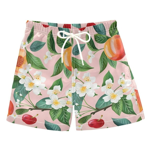 joogoo Boys Swim Trunks Peach and Cherry Flower Beach Board Shorts Drawstring Swimsuit L