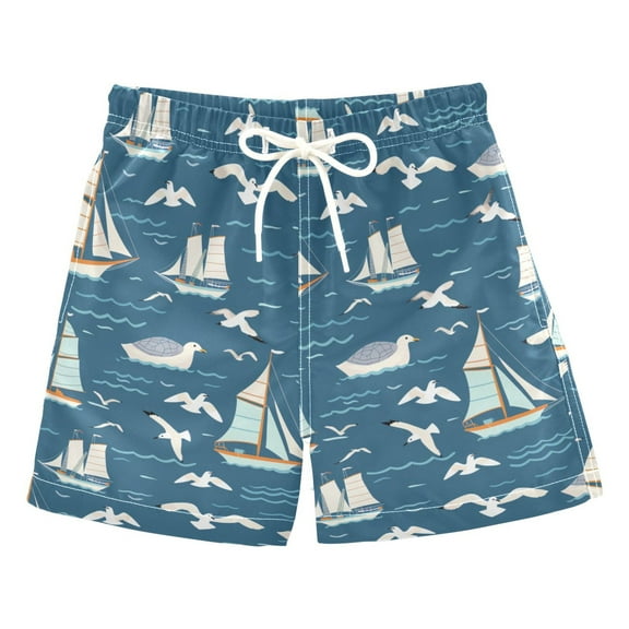 joogoo Boys Swim Trunks Seagulls and Ship Beach Board Shorts Drawstring Swimsuit 5T