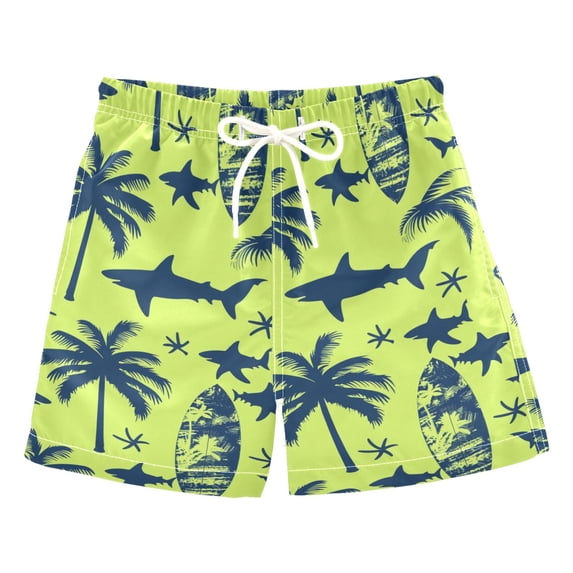 joogoo Boys Swim Trunks Shark and Palm Tree Beach Board Shorts Drawstring Swimsuit L