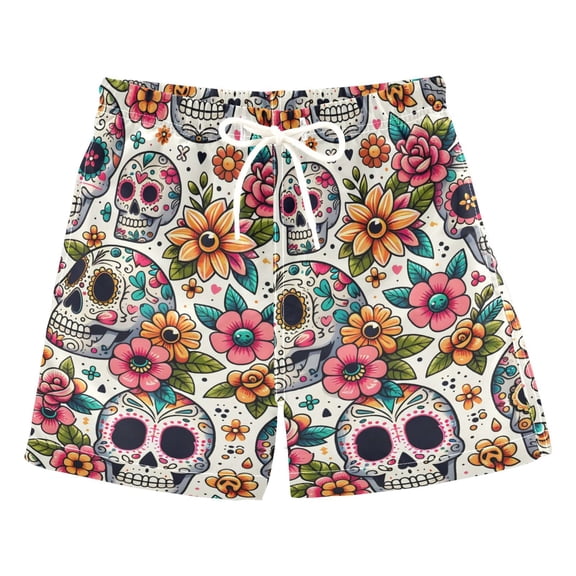 joogoo Boys Swim Trunks Skull Skeletons and Flowers Beach Board Shorts Drawstring Swimsuit 2T